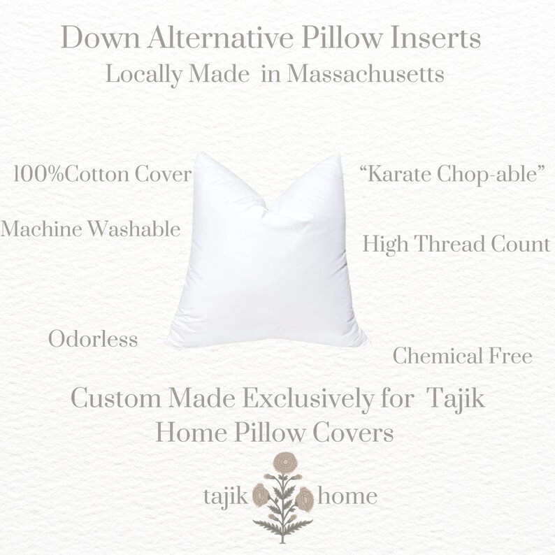 May include: White down alternative pillow insert with a 100% cotton cover. The pillow is machine washable, odorless, and chemical free. It is custom made exclusively for Tajik Home Pillow Covers. The text "Karate Chop-able" and "High Thread Count" are visible on the image.