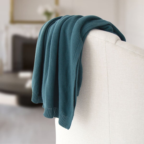 Sia Cotton Seed-stitch Knit Throw in Teal || 100% Cotton Throw || Traditional Throw in Teal || Modern Stitch Throw