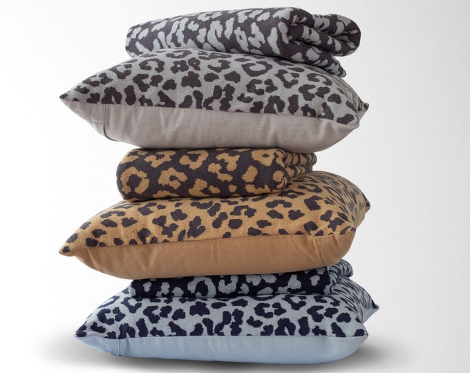 Lucia Leopard Cotton Knit Pillow and Throw 2-Piece Set || Holiday Gift Ideas || 50"x60" Throw Blanket with 22" Square Pillow || Animal Print