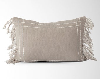 Saratoga Crosshatch Lumbar Pillow Cover in Oyster || 12"x18" Pillow Cover || Modern Pillow in Oyster || Stitched-Edged Pillow Cover