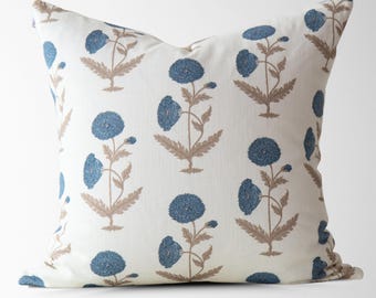 Blue Floral Block Print Pillow Cover | Coastal Cottage Decor (22x22)