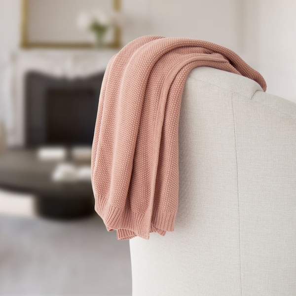 Sia Cotton Seed-stitch Knit Throw in Dusty Rose || 100% Cotton Throw || Dusty Rose Knit Throw || Traditional Blush Throw