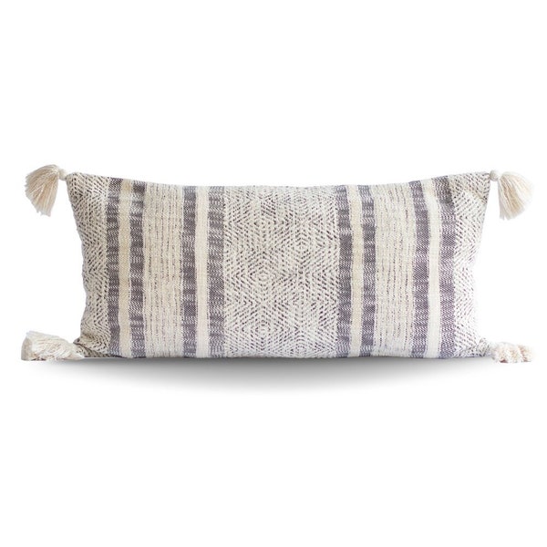 Diamond and Stripes Charcoal Pillow Cover with Tassels in Grey 14x28