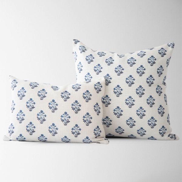 Blue Floral Block Print Pillow Cover || Blue Floral Pillow Cover || Designer Pillow || Decorative Pillow || 22 X 22 Pillow Cover || Isabella