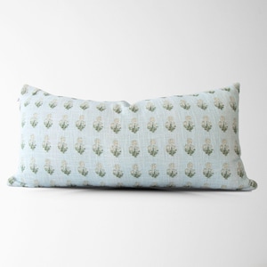 Sky Blue Block Print Pillow Cover || Floral Pillow Cover || Lumbar Throw Pillow || Decorative Pillow || 14 X 28 Pillow Cover || Arabella