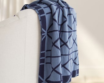 Simone Geometric Cotton Throw in Denim || 100 % Cotton Throw || Geometric Handwoven Throw || Mid-Century Throw in Denim