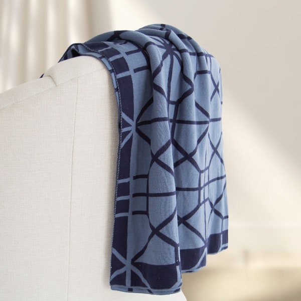 Simone Geometric Cotton Throw in Denim || 100 % Cotton Throw || Geometric Handwoven Throw || Mid-Century Throw in Denim