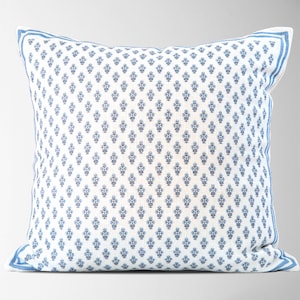 Blue Block Print Pillow Cover || Blue Floral Pillow Cover || Accent Throw Pillow || Bordered Pillow || 22 X 22 Pillow Cover || Celeste