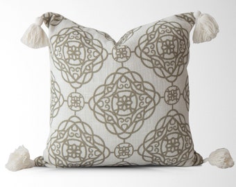 Kaydence Vintage Turkish Block Print Pillow Cover with Tassels || Vintage Modern Pillow || Block Print Pillow || Tassels Pillow in Sage