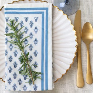 Celeste Blue Handcrafted Block Print Napkins - Set of 4 | Modern Coastal Table Linens | Cotton Napkins for Dining, Hostess Gift, Home Decor