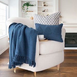 Darby Fringe Throw in Blue || 50x60 Throw || 100% Cotton Throw || Modern Farmhouse Throw in Blue || Minimalist Room Statement Throw Blanket