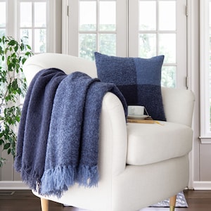 Hudson Valley Color Block Throw in Navy || 50x60 Navy Throw Blanket || Polyester Check Design || French Inspired Boucle Woven Throw