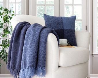 Hudson Valley Color Block Throw in Navy || 50x60 Navy Throw Blanket || Polyester Check Design || French Inspired Boucle Woven Throw