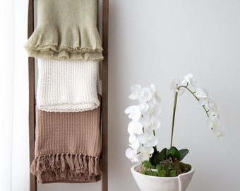 Peyton Cotton Waffle Throw in Coffee || 50x60 Throw || Waffle Throw Blanket with Fringe || All-Season Brown Waffle Throw
