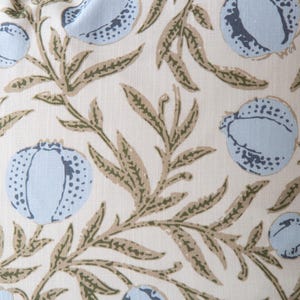 May include: Close-up of a fabric with a repeating pattern of light blue fruit and olive-green leaves on a cream background. The fruit has a textured appearance, and the leaves have a detailed, botanical design. The overall aesthetic is reminiscent of a vintage textile.