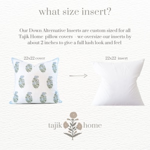 May include: A white pillow insert with the text "22x22 insert" above it. The insert is shown next to a patterned pillow cover with the text "22x22 cover" above it. The text "tajik home" is below the pillows.