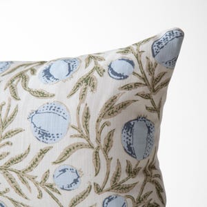 May include: A corner of a decorative pillow with a botanical pattern. The pillow features a cream-colored background with a repeating design of light blue fruit and olive-green leaves and stems.