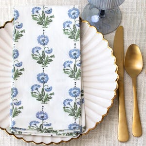 Amalthea Blue Handcrafted Block Print Napkins - Set of 4 | Modern Coastal Table Linens | Cotton Napkins for Dining, Hostess Gift, Home Decor