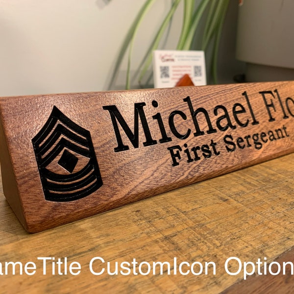 Wood Desk Name Plate Sign Carved & Painted Letters  *Personalized Symbol*Gift for: Office*Nurse*Doctor*Teacher*Military*Government*Police*