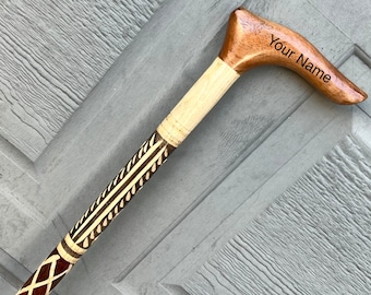 Handmade Carved Beech Wood Walking Cane: Personalized Wooden Stick