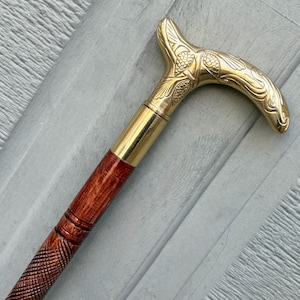 Hand Carved Rosewood Walking Cane: Brass Handle, Lightweight Support