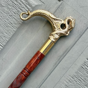 Hand Carved Dragon Walking Cane: Rosewood & Brass Handle