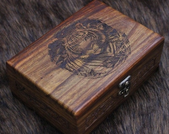 Hand-carved Tiger wooden box, Hunting Knife, Custom Box, Memory Box, Keepsake Box, Knife Storage Box, Christmas Gift, Personalized Box