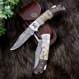 6.5” Handmade Damascus Folding Knife: Rams Horn & Walnut Handle, Leather Sheath, Personalized Knife