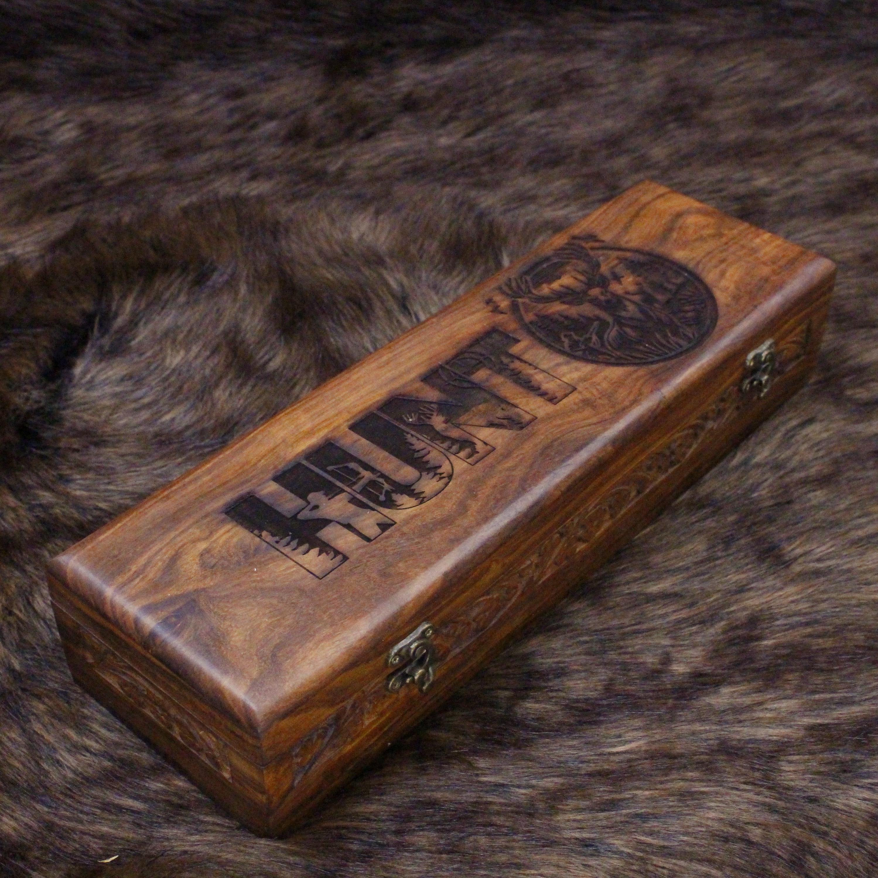 Hand-carved Rosewood Hunting Knife Box: Personalized Keepsake
