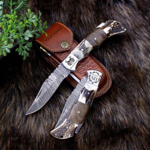 8.5” Handmade Damascus Folding Knife: Stag Antler and Walnut Wood Handle, Leather Sheath, Personalized Knife