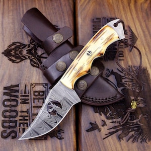 Personalized Damascus Hunting Knife with Rosewood Box & Leather Sheath