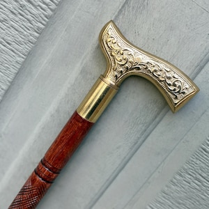 Hand Carved Rosewood Walking Cane: Brass Handle, Lightweight Support