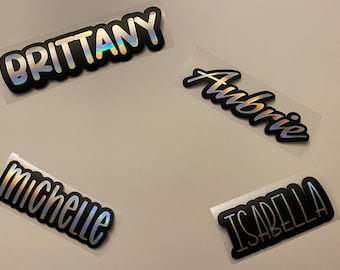 Custom Silver Holographic Name on Black Vinyl Background