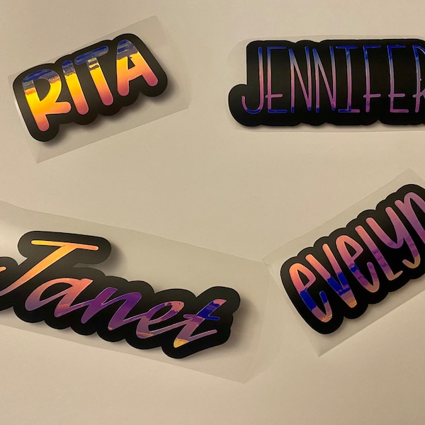 Custom Purple Holographic Name on Black Vinyl Background