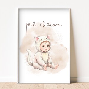 Póster de bebé Gatito | Gatito de acuarela pastel | Decoración de habitación de bebé | Guardería mixta y beige | Póster digital para imprimir