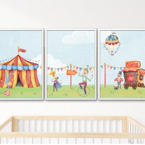 Póster de circo con tres animales - Acuarela - Decoración de pared para habitación de bebé y niño - Póster vintage mágico para imprimir en tamaño A3/A4