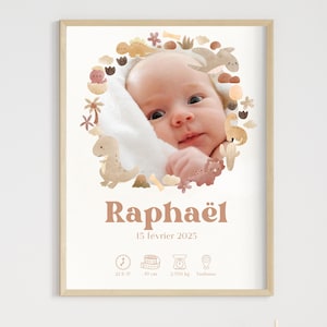 Personalized Birth Poster Baby Portrait | Beige and Brown Dinosaurs | First Name, Date, Weight and Height | Neutral Colors Nursery |