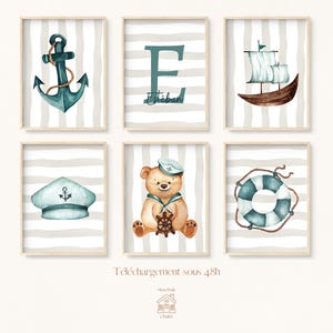Lote de 6 carteles náuticos personalizables | Decoración de habitaciones infantiles | Oso, velero, ancla, boya | Pósteres A3, A4, A5 con temática marina