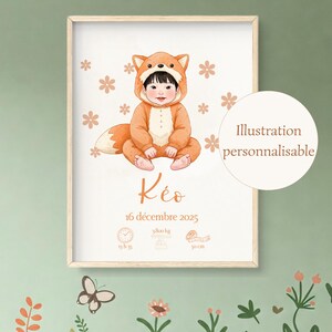 Póster de nacimiento digital personalizado bebé zorro | Póster con impresión mixta | Decoración de habitación de bebé | Regalo de nacimiento digital