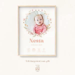Pôster de Nascimento Personalizado com Foto – Coroa de Flores – Nome, Data, Hora, Peso, Altura e Cidade – Decoração de Quarto de Bebê