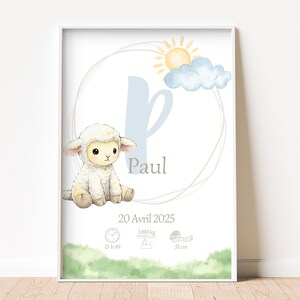 Cartel de nacimiento personalizado | Lindo cordero estilo acuarela | Decoración infantil | Regalo para niño | Tema pastel suave | Recuerdo del bebé