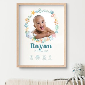 Cartel de nacimiento personalizado con foto | Tema del océano y las ballenas | Regalo único para bebé | Póster para decorar la habitación infantil o infantil.
