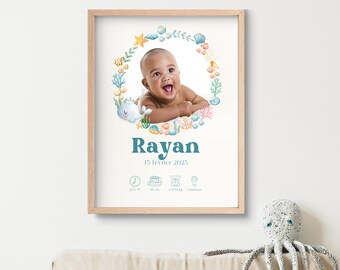 Cartel de nacimiento personalizado con foto | Tema del océano y las ballenas | Regalo único para bebé | Póster para decorar la habitación infantil o infantil.