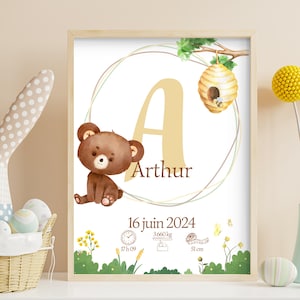 Póster de nacimiento personalizado - Póster de bebé con nombre, fecha y peso - Regalo de nacimiento - Decoración infantil - Digital - Oso de peluche - Bosque