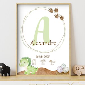 Póster de nacimiento de dinosaurio verde personalizado | Decoración de habitación de bebé y dormitorio de niño pequeño | Regalo de nacimiento original | A3, A4, A5