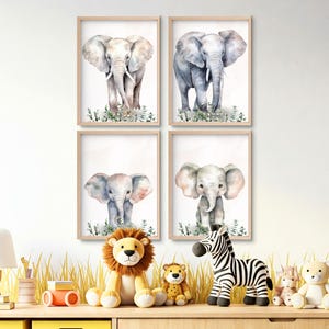 Juego de 4 pósteres de elefantes en acuarela: Familia de elefantes bebés, decoración de pared para habitación de bebé, animales salvajes, tamaño A4/A3, regalo de nacimiento