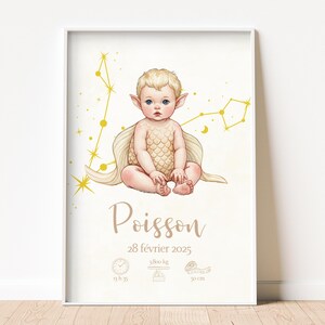 Póster de nacimiento de bebé Piscis personalizado | Signo del zodiaco imprimible | Póster digital A4 A3 | Decoración infantil con forma de estrella