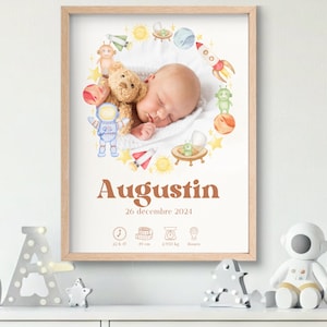 Cartaz de nascimento espacial personalizado | Pôster de bebê com foto, data, hora, peso, altura e local de nascimento – Decoração de quarto infantil