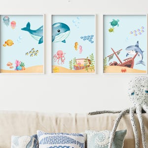 Trío de pósteres del océano - Animales marinos en acuarela - Decoración de pared para habitación de bebé y niño - Póster de animales acuáticos para imprimir en tamaño A3/A4