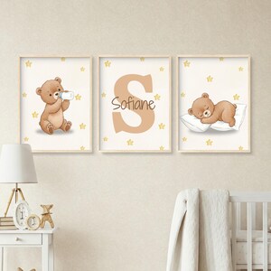 Trío de pósteres de ositos de peluche personalizados | Conjunto de 3 carteles para habitación de bebé | Linda decoración de pared de animales | Descarga digital | Acuarela